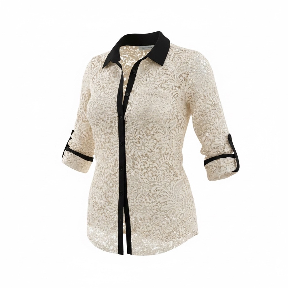 Maurices Cream Lace Button-Down Shirt with Black Trim